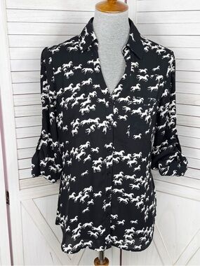 Express Wild Horses V Neck Portofino Shirt Black White Small Long Sleeve